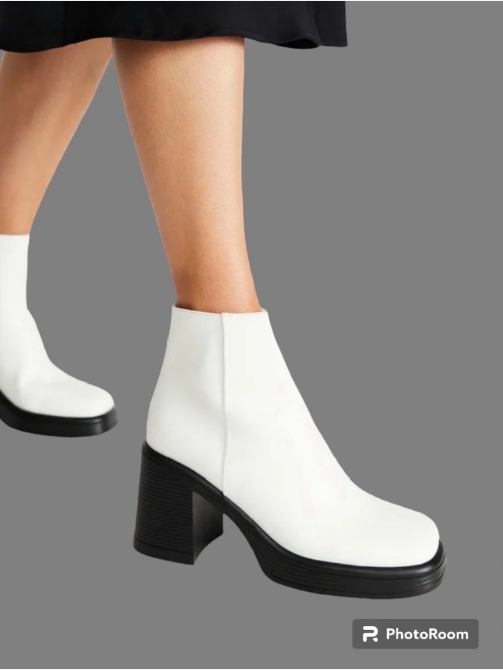 White Ankle Booties with Black Block Heel